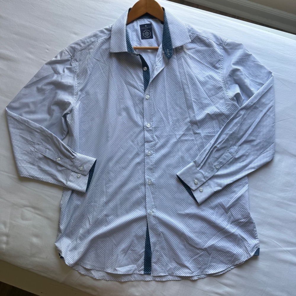 CON.STRUCT Mens Slim Fit Dress Shirt 17.5 34-35 White Blue Geometric Stretch